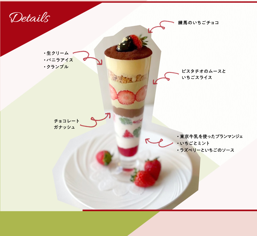 Details練馬のいちごチョコ｜・ 生クリーム・ バニラアイス・ クランブル｜ピスタチオのムースといちごスライス｜チョコレートガナッシュ｜・ 東京牛乳を使ったブランマンジェ・ いちごとミント・ ラズベリーといちごのソース